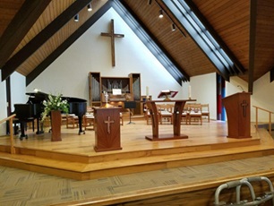 Lutheran Church Pulpit, Baptismal, Floral Table, Altar, and Cross by Don DeDobbeleer